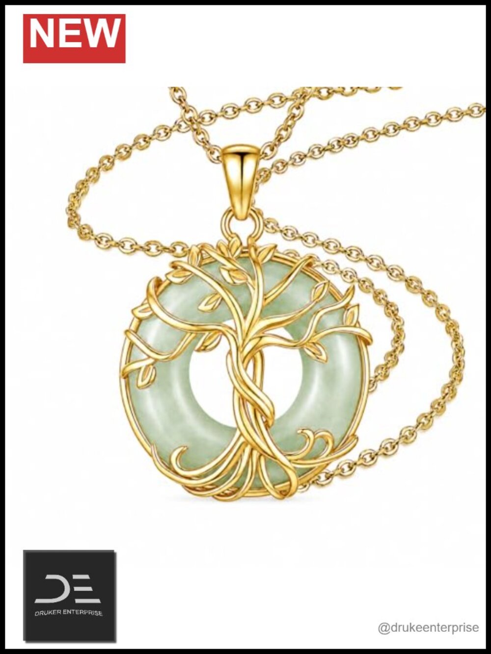 Natural Green Jade Tree of Life Pendant Necklace 14K Gold Plated Handmade